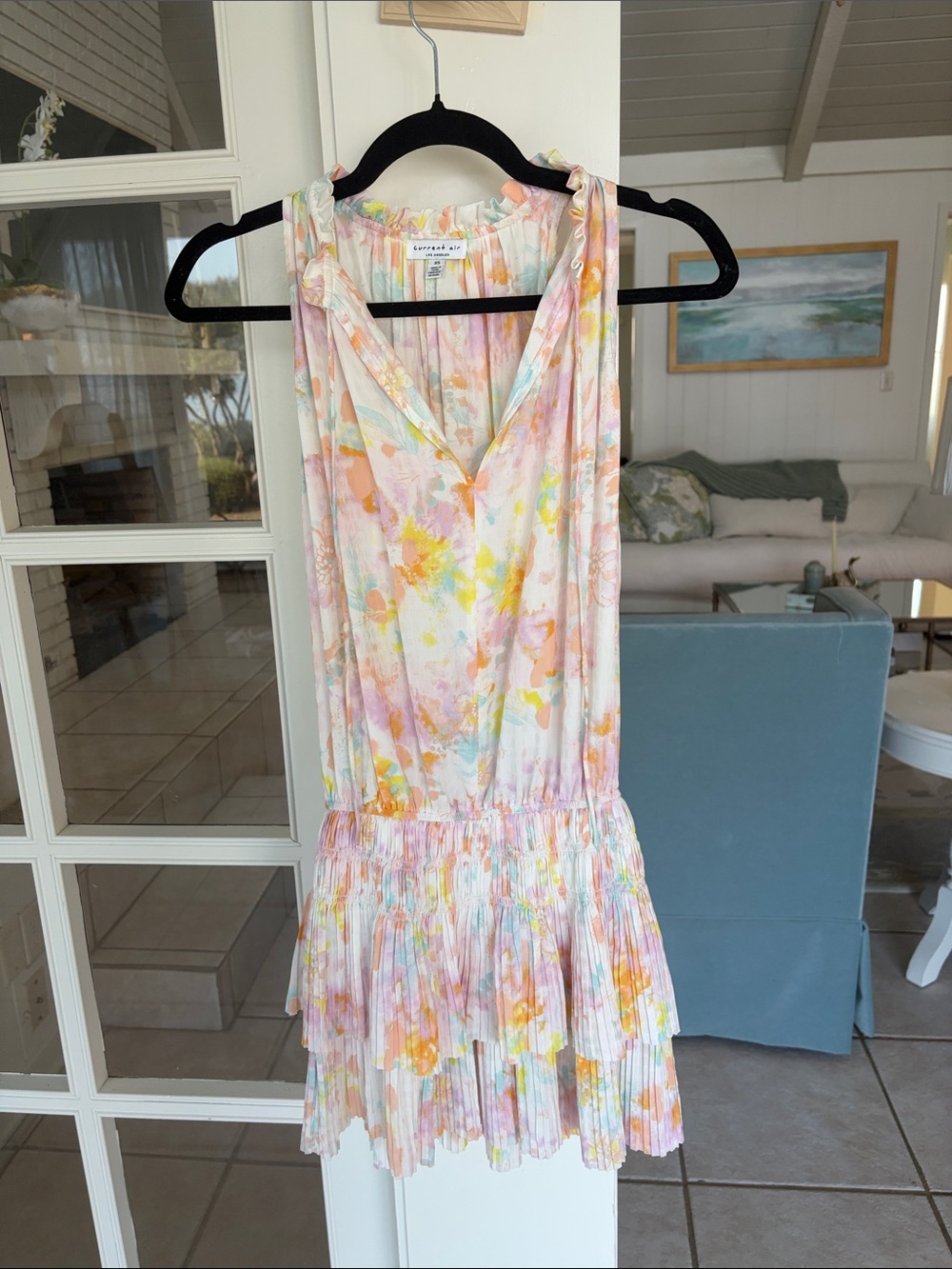 Current Air Pastel Floral Pleated Mini Dress - White, Pink, Yellow